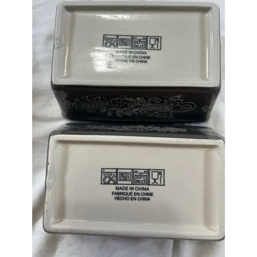 Baum Gray Floral Stoneware Mini Loaf Pans Set of‎ 2 Oven Safe Beaded Rim Modern